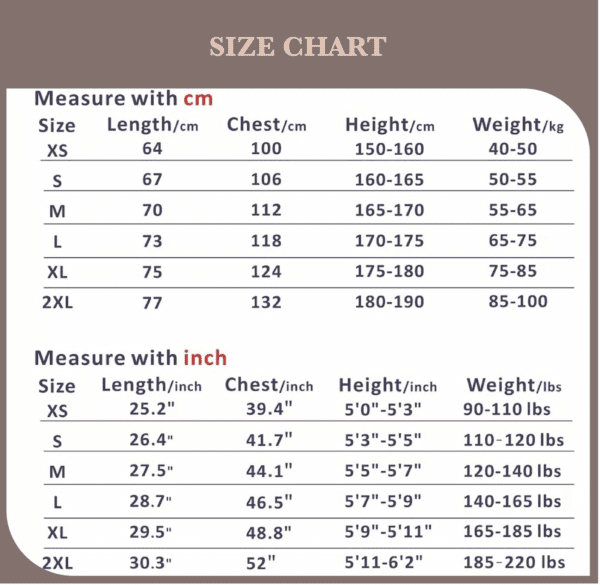 A size chart showing the length of each item.